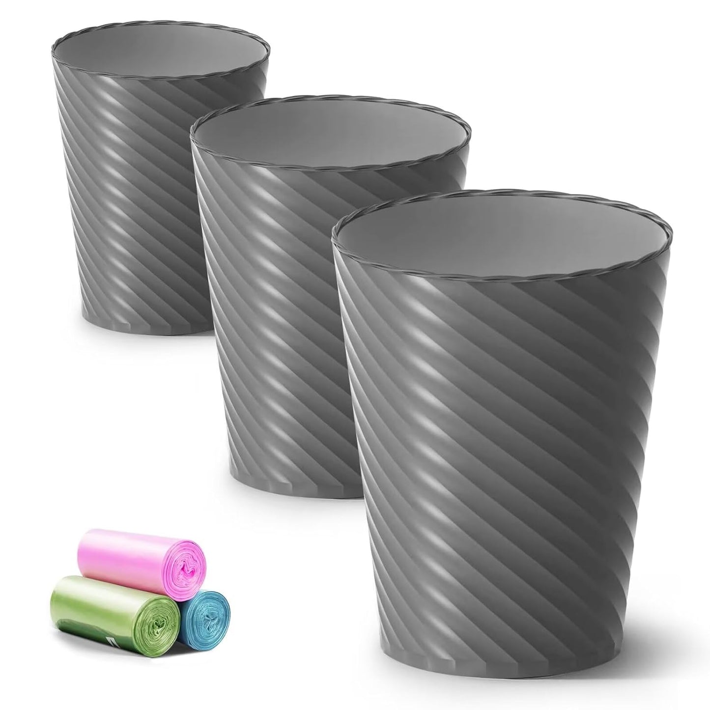Bathroom Trash Can, 3 Pack 1.8 Gallons Small Trash Can with Trash Bags, Bathroom Garbage Can, Plastic Trash Bin, Round Waste Basket for Bath，Bedroom, Office, Kitchen, Room, Compact Space (Grey)