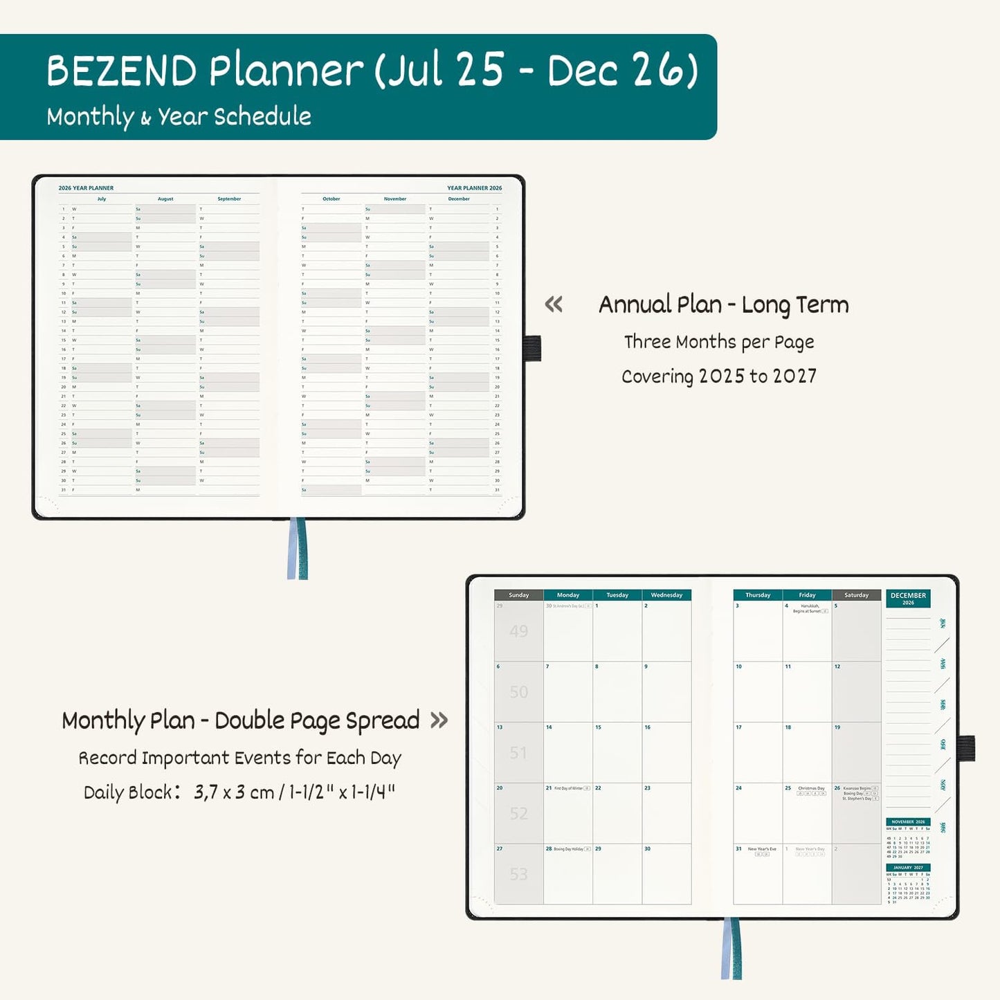 BEZEND Weekly Planner 2025-2026 with 2 Columns, 5.8" x 8.5" Academic Calendar 18 Months (Jul 25-Dec 26) Life Work Appointment Book with Monthly Tab, PU Leather Hardcover - Fruit Green
