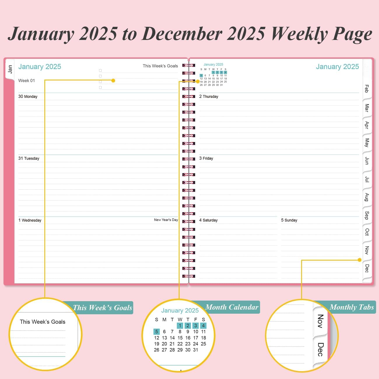 2025 Planner - Planner 2025 from January 2025 to December 2025 with 12 Monthly Tabs, Flexible Cover, Inner Pocket, 8.5" x 11", Pink