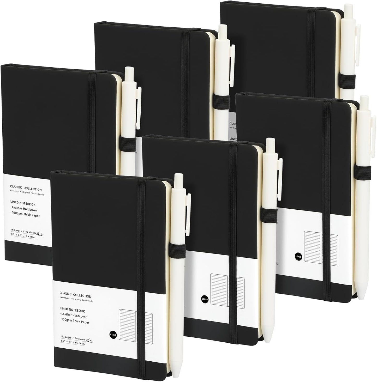 Coopay 6 Pack A6 Pocket Small Notebook with 6 White Pens Bulk Classic Hardcover Leather Journal Set with Pen Holder for Men Women Writing, Office, Home, School, Business, 100GSM, 3.5” x 5.5”, Black