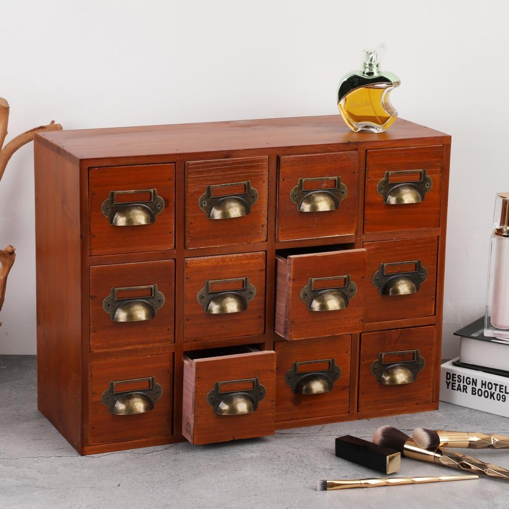 Apothecary Drawers Apothecary Cabinet with Drawers Card Catalog Cabinet Wooden Card Catalog Wooden Storage Box for Desktop Organizer (Brown12)