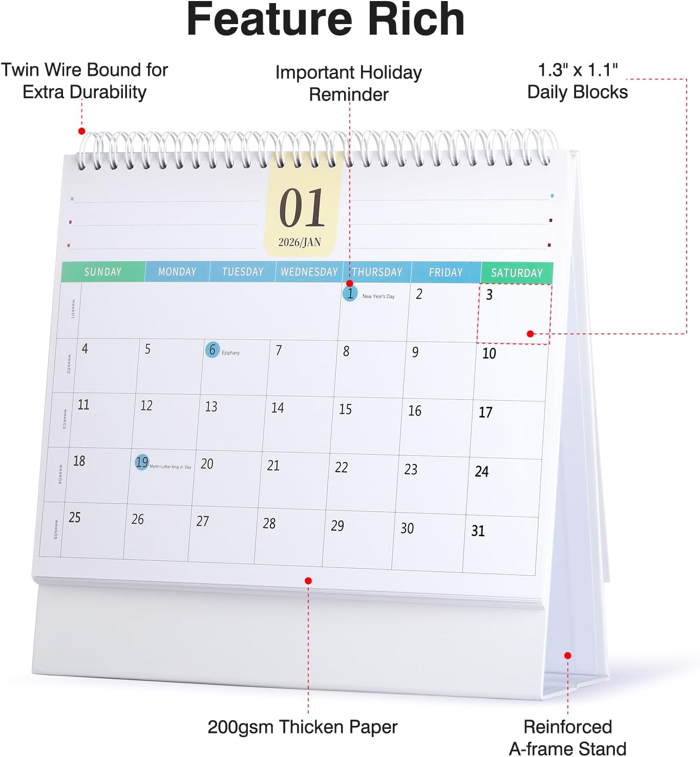 Desk Calendar 2026-2027, 2 Years Calendar Runs from Jan. 2026 until Dec 2027, Table Monthly Planner with Stickers for Home,Office,School Organization(L-White+Green,9.8" x 9.6")
