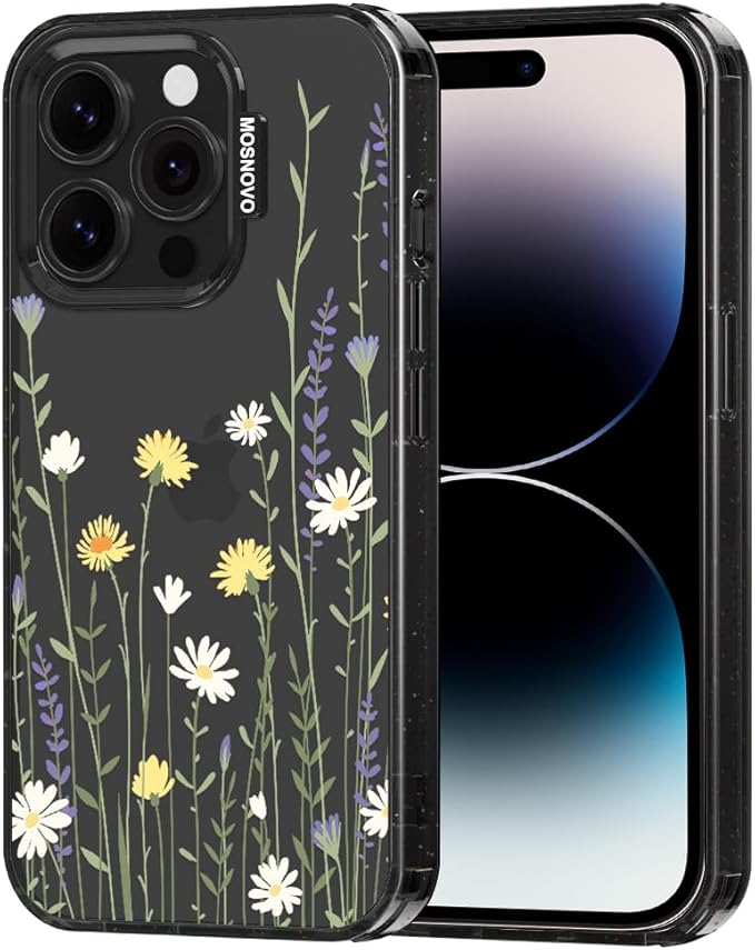 MOSNOVO Case for iPhone 14 Pro, [10ft 4X Military-Grade Drop Protection] Durable & Shockproof Phone Case Cover Design for iPhone 14 Pro - Wild Meadow - Clear Black