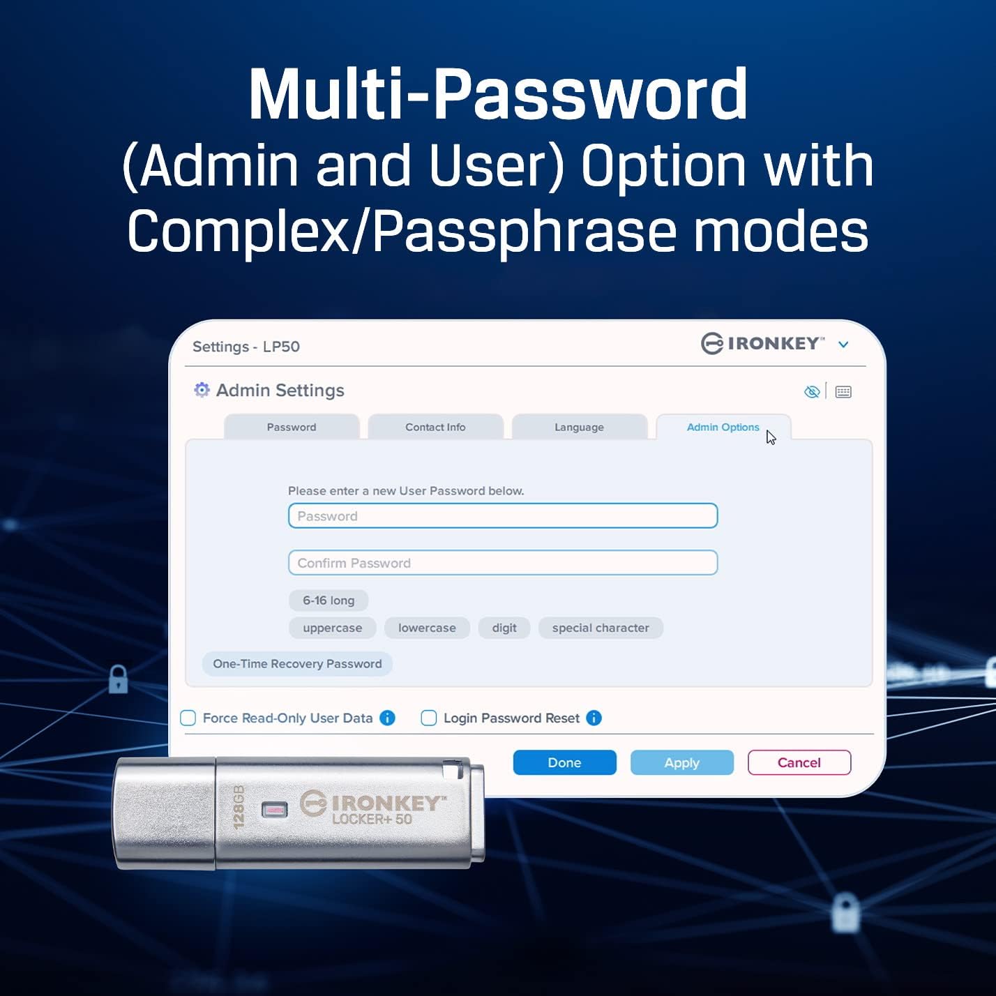 Kingston Ironkey Locker+ 50 256GB Encrypted USB Flash Drive | USB 3.2 Gen 1 | XTS-AES Protection & TAA Compliant | Multi-Password Security Options | IKLP50/256GB