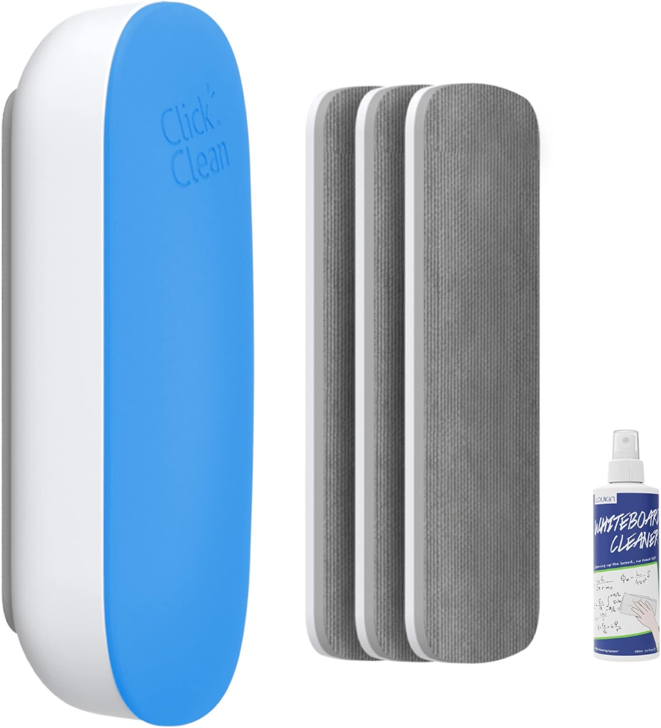 CLICK CLEAN Replaceable Dry Erase Board Eraser, 4-in-1 Magnetic Whiteboard Eraser with 3 Replaceable Felt Pads, Free 3.4oz Whiteboard Cleaner Included, Intended for Classroom, Home and Office
