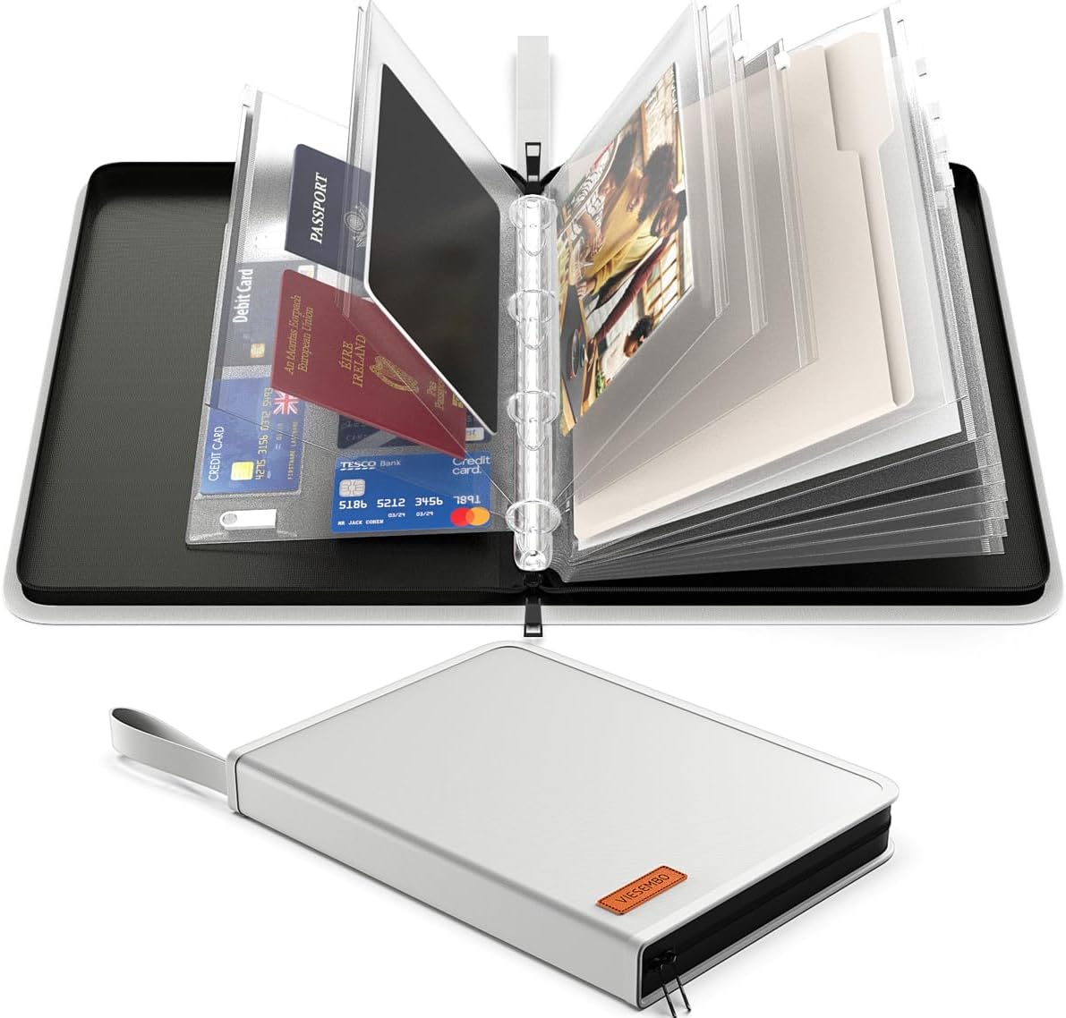 Important Document Organizer Zipper Binder, Fireproof Document Bag for Birth Certificate Protector, Waterproof Bill Organizer in Case I Go Missing Binder for Home Safe, 4 Ring Receipt Holder(Sliver)