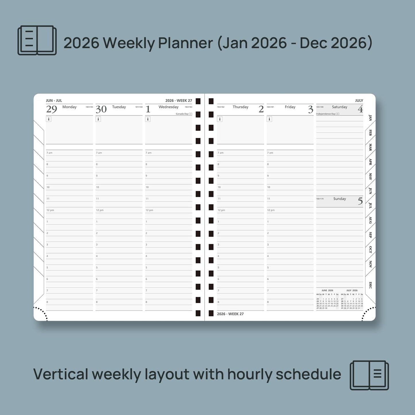 POPRUN 2026 Planner (Medium - 6.5'' x 8.5'') with Hourly Schedule, Vertical Layout - 2026 Weekly Calendar (Jan. 2026 - Dec.2026) for Time Management, Monthly Tabs, Spiral Bound, Soft Cover - Brown