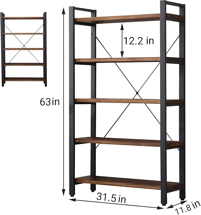 5 Tier Bookcase, Solid Wood Bookshelf Rustic Vintage Industrial Etagere Bookcase, Metal and Wood Free Vintage Bookshelf, Retro Brown (Real Wood) (5-Tiers)