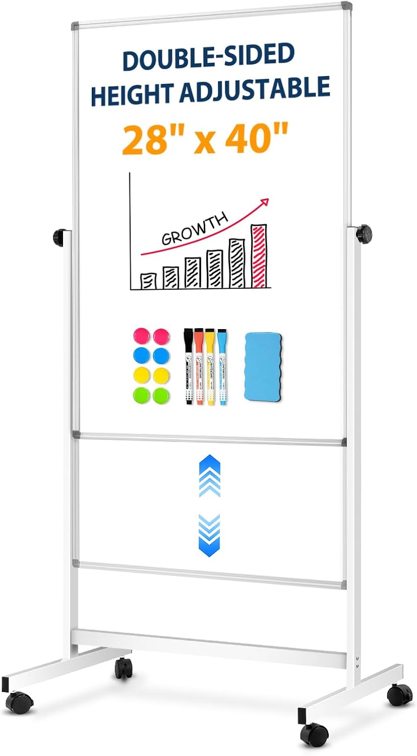 [15 Sq/ft] Large Double-Sided Rolling Whiteboard, 28"x40" Reversible Dry Erase Board with Stand, Magnetic White Board on Wheels, Standing Mobile Whiteboard, School Supplies, Classroom, Office, Home
