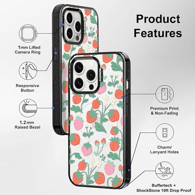 MOSNOVO Magnetic Case for iPhone 14 Pro Max, 10ft Military-Grade Protection, Compatible with Magsafe, Shockproof Phone Case for iPhone 14 Pro Max - Strawberry Garden - Clear Black