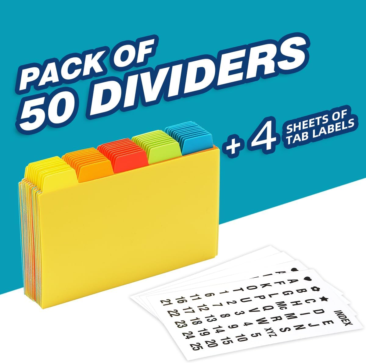 Chell 3x5 Plastic Index Card Dividers, Heavyweight Poly Index Card Guides A-Z for Flash Cards and Recipe Cards, with Alphabetical/Blank Stickers, Pack of 50