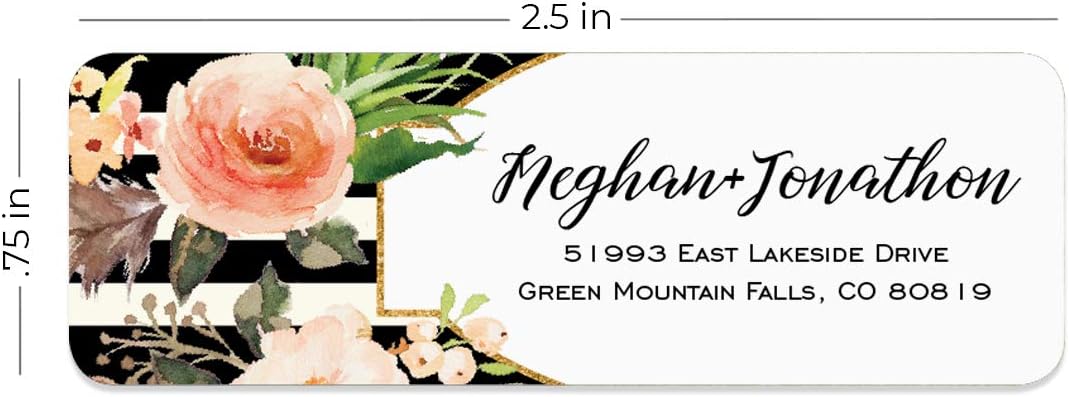 Black and White Stripe Floral Rolled Address Labels/Roll of 500 Personalized Return Address Labels/Designer Return Address Stickers in Elegant Plastic Dispenser
