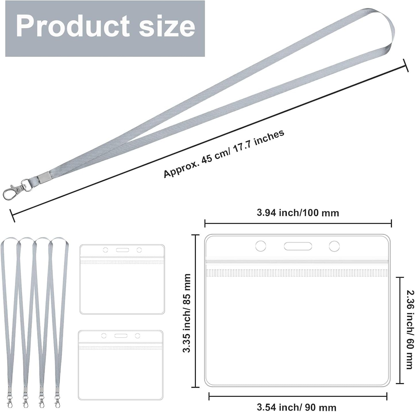 100 Pack Lanyards for ID Badges with Clear Name Tags, Reusable Lanyards Horizontal ID Card Badge Holders Plastic Name Badges for Men Women Kids Business School and Office Supplies (Gray)