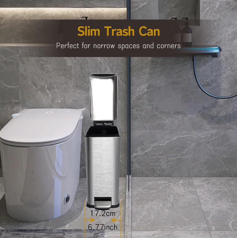 Bathroom Trash Can, 10 Liter / 2.6 Gallon Stainless Steel Garbage Can with Removable Inner Bucket, Soft Close Lid Step Trash Bin for Bedroom, Office, Kitchen, Brushed Silver