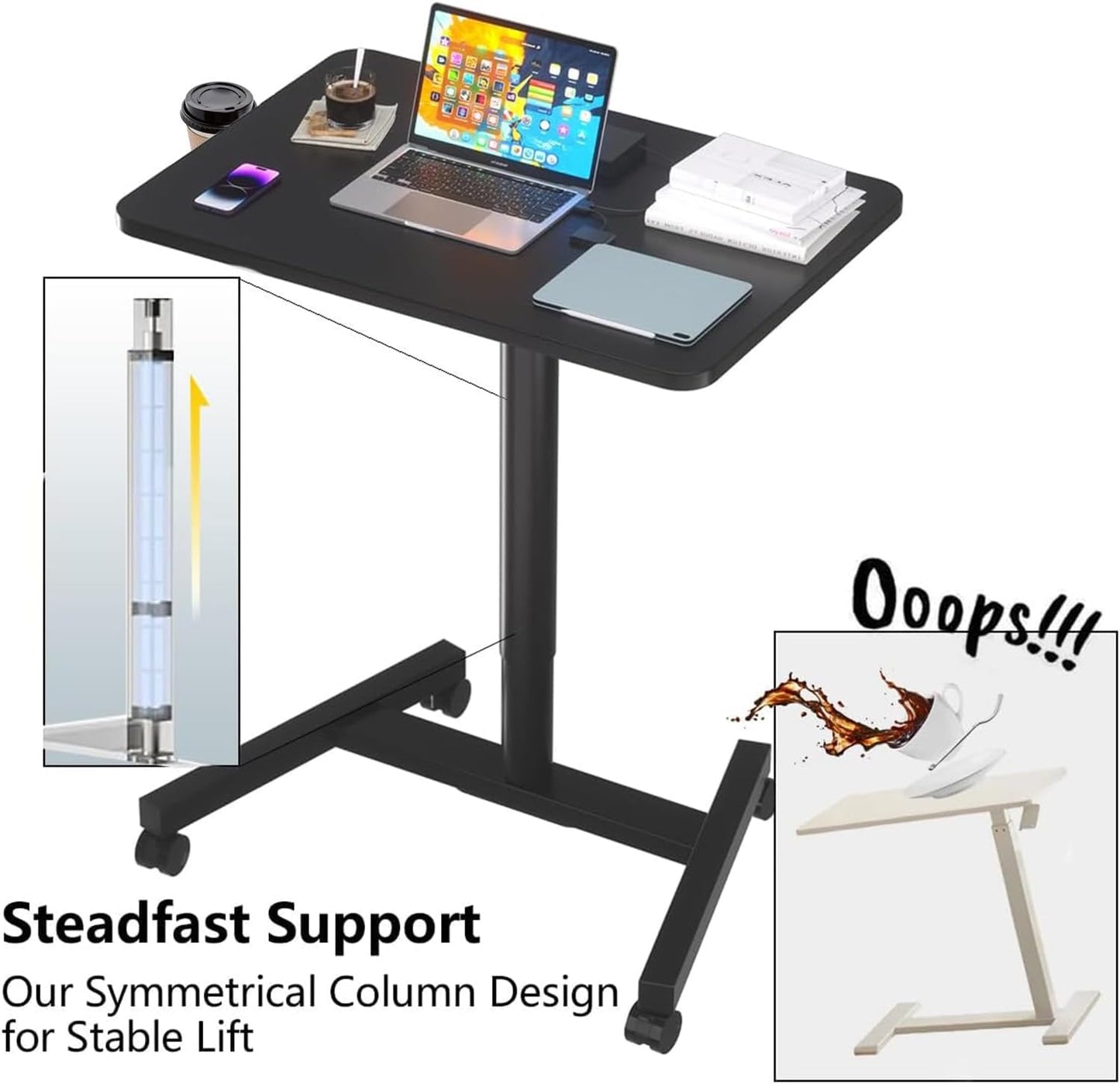 28-Inch Mobile Standing Desk Adjustable Height with Cup Holder, Portable Standing Desk with Lockable Wheels, Rolling Table for Home Office Classroom Hospital (Jet - Black)