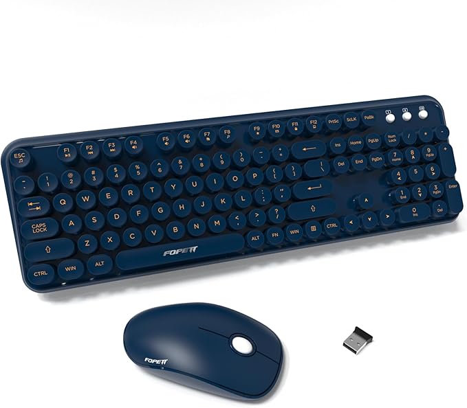 FOPETT Wireless Keyboard and Mouse Combo, 104 Keys Full-Sized 2.4 GHz Round Keycap Colorful Keyboards, USB Receiver Plug and Play, for Windows, Mac, PC, Laptop, Desktop (DarkBlue)