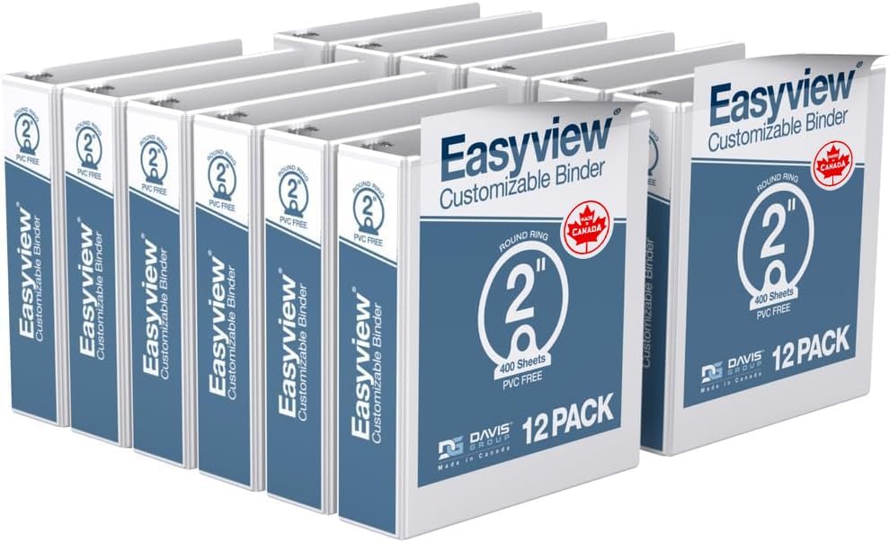 Easyview Premium 2-Inch Binders with Clear-View Covers, 3-Ring Binders for School, Office, or Home, Colored Binder Notebooks, Pack of 12, Round Ring, White