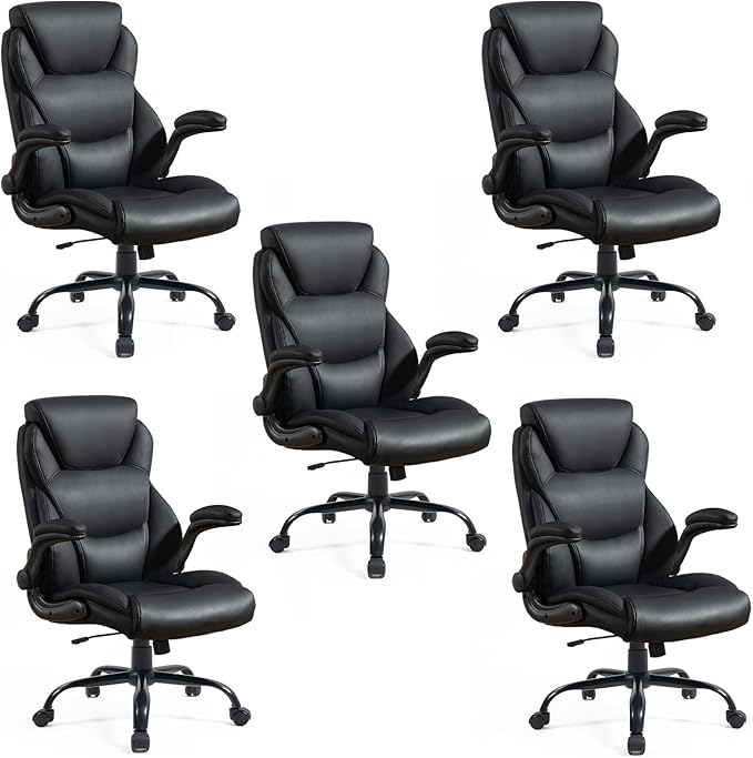 Brage Living 400LBS Big and Tall Office Chair, Leather Executive Desk Chair with Padded Flip-up Arms, Heavy Duty Swivel Rolling Computer Chair for Home Office, Black, Set of 5