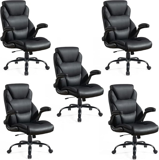 Brage Living 400LBS Big and Tall Office Chair, Leather Executive Desk Chair with Padded Flip-up Arms, Heavy Duty Swivel Rolling Computer Chair for Home Office, Black, Set of 5