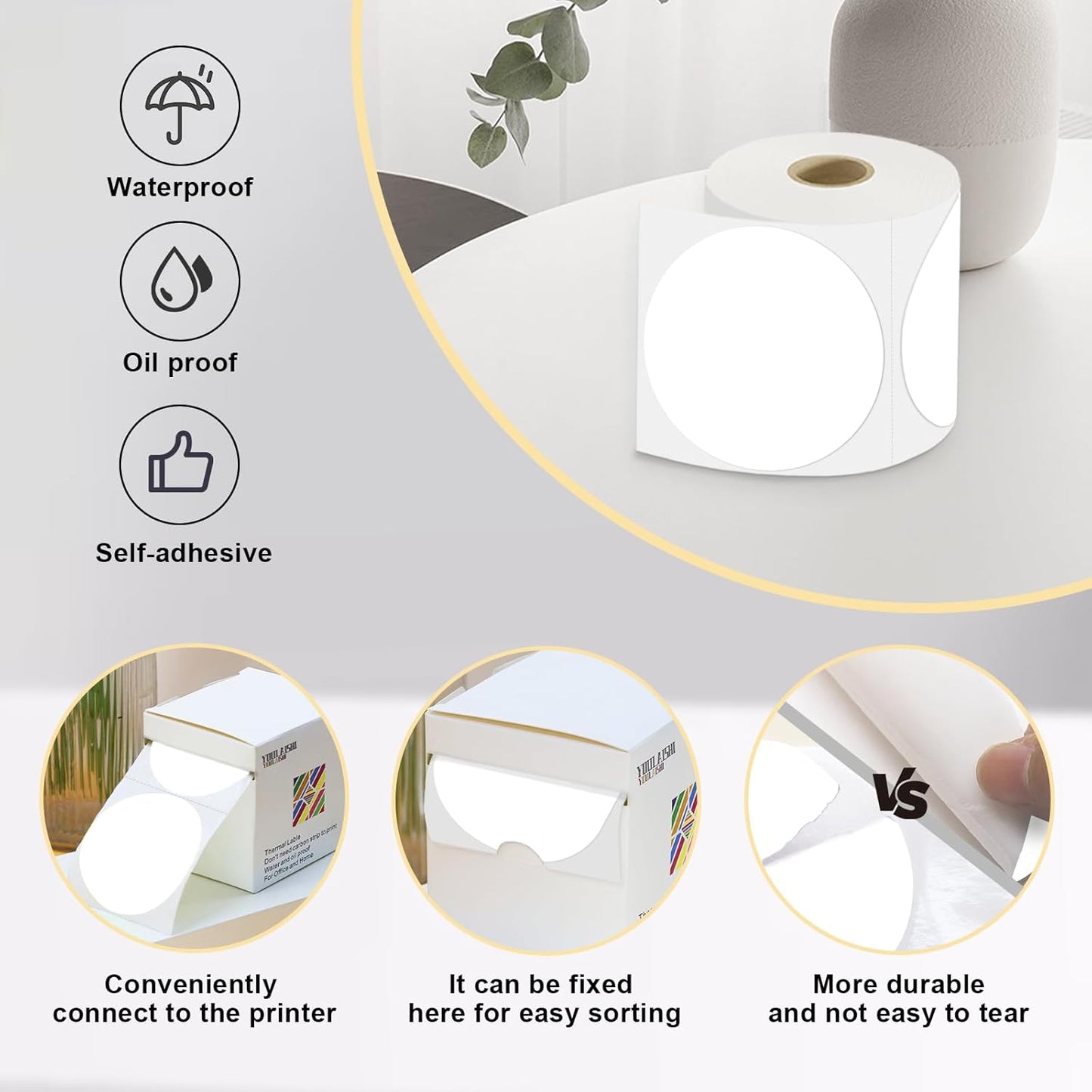 3 X 3 Inch Color Coding Dot Labels Circle Thermal Printable Waterproof 500 Pcs Round Stickers Adhesive Writable for Office, Home, Garage, DIY Sticker, Barcodes, Name Tag, White