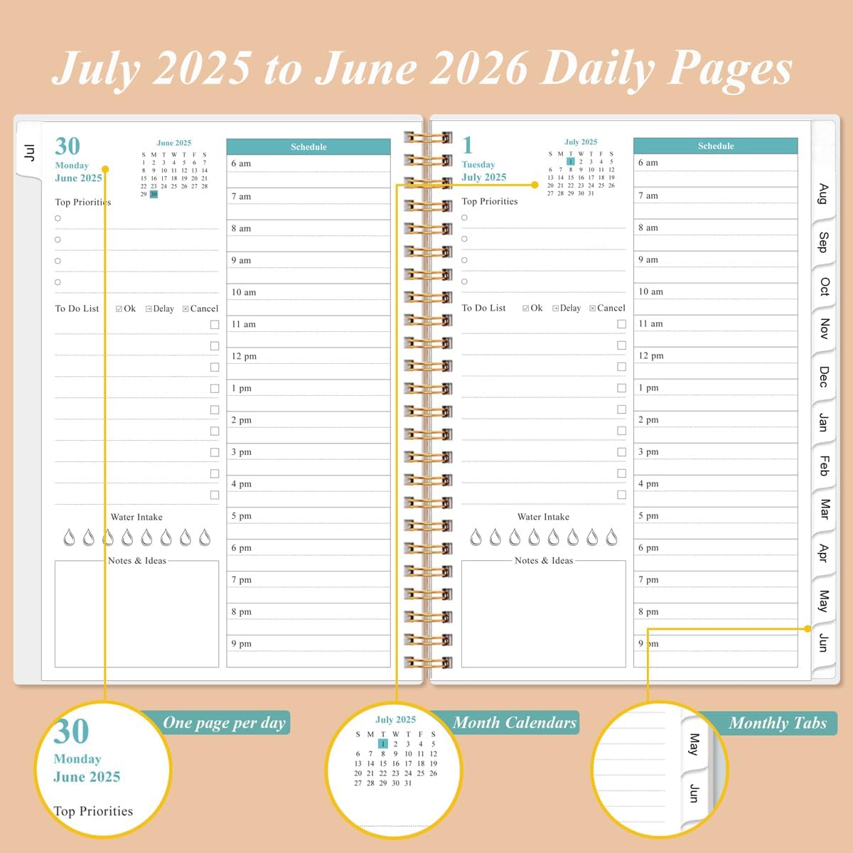 2025-2026 Daily & Monthly Planner - One Page Per Day, Daily Planner 2025-2026 from July 2025 to June 2026, Planner 25-26 with 12 Monthly Tabs, 6.4" x 8.5", Rose Leaf