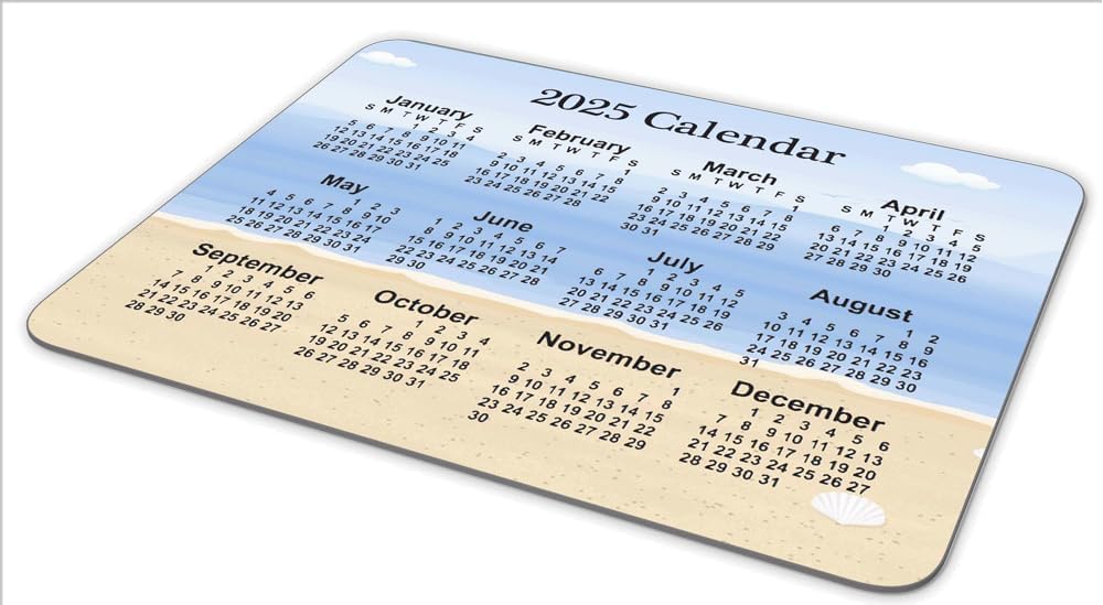 Calendar Mouse Pad, Gaming Mouse Mat with Custom Design, Non-Slip Rubber Base MousePads for Office Home Laptop Travel, 9.5"x7.9"x0.12" Inch (2025 Calendar Sky Beach Background)