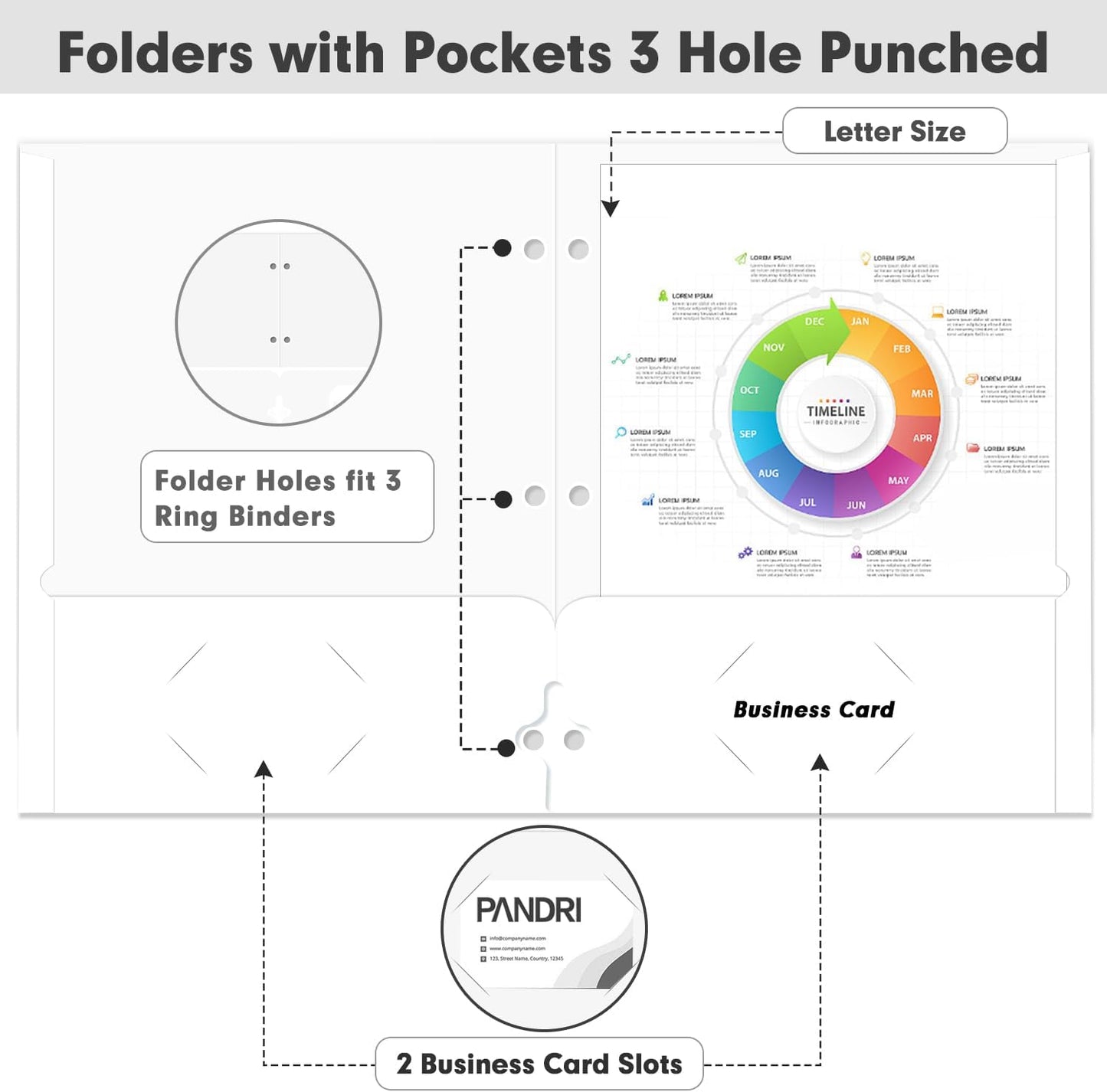 Two Pocket Portfolio Folders, PANDRI 60 Pack 3 Hole Punched 2 Pocket Folders for 3 Ring Binder, Letter Size Paper File Folder for School Office Home Business, White
