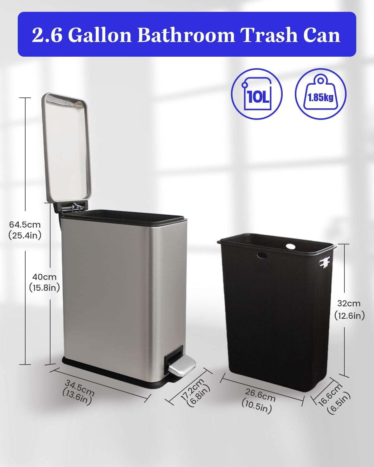 Grey Trash Can, 2.6 Gallon Bathroom Trash Can with Lid, Stainless Steel Garbage Can with Removable Liner, 10 Liter Rectangle Step Trash Bin for Office, Kitchen, Bedroom, Living Room, Dorm