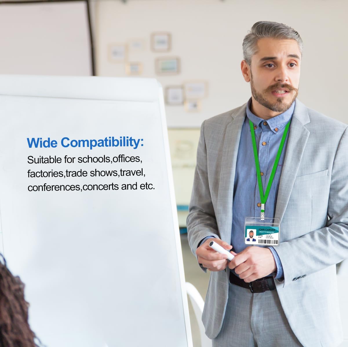 100 Pcs Clear Horizontal Badge ID Card and 100 Pcs Lanyard, Reusable Lanyards for Id Badge Holder Name Tag Badge Holder with Lanyards for Adults Kids Business School Conferences (Green)