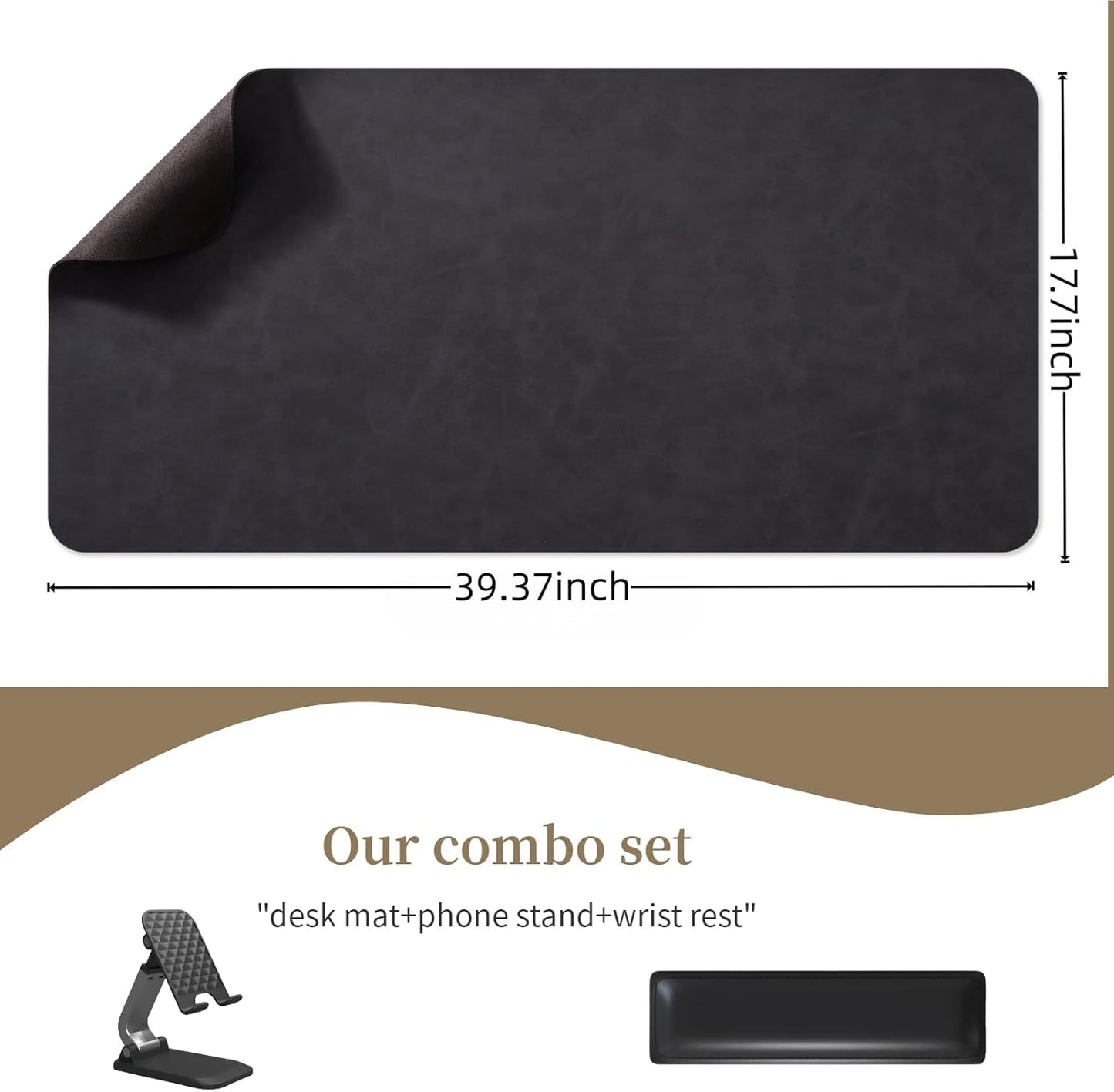 Leather desk pad for computer and laptops, Ideal for gaming and office use, Large mouse pad and keyboard mat, desk mat special for man. A complimentary wrist pad and phone stand. (Black, 17.7"x 39.37)
