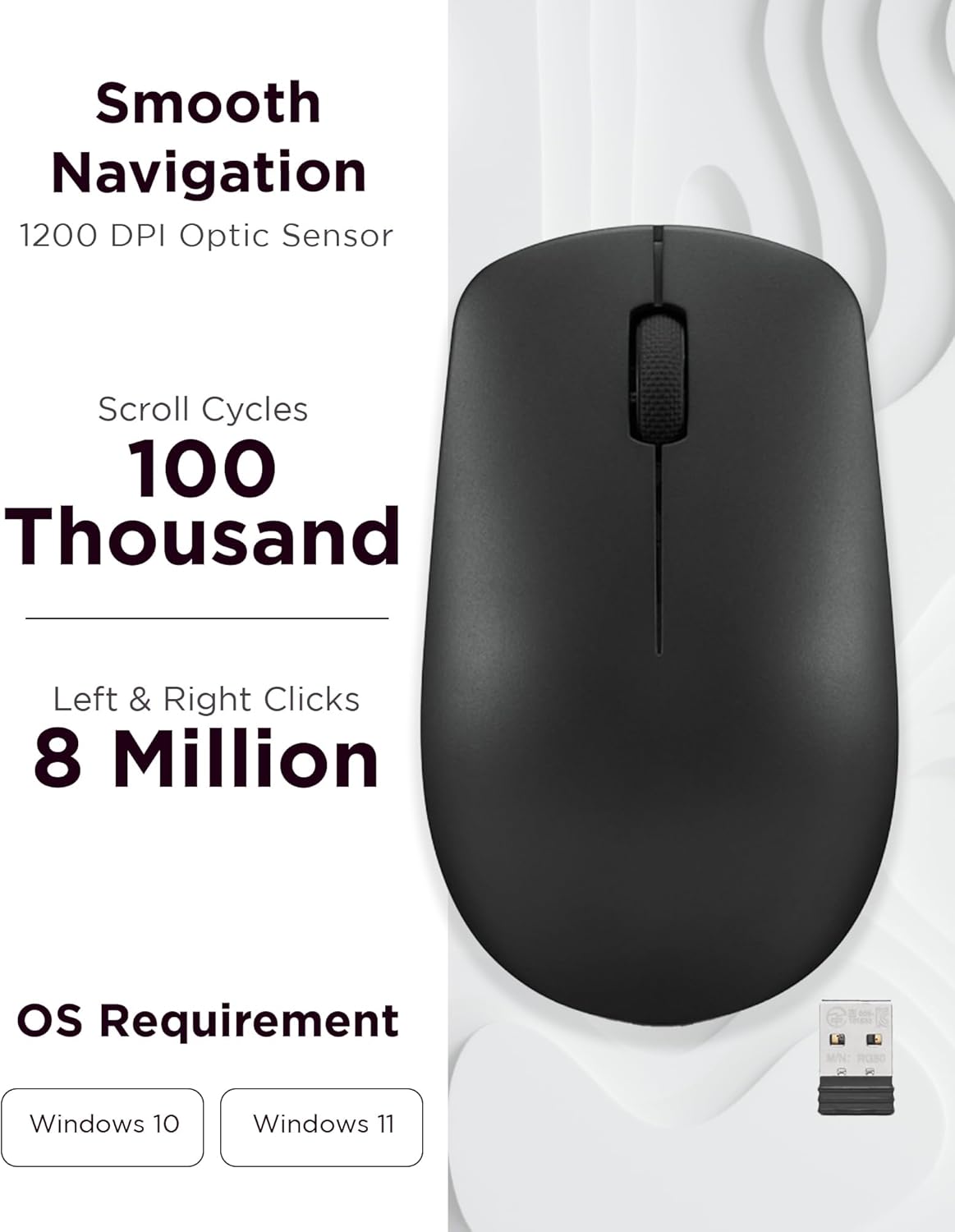 Lenovo 530 Wireless Mouse – Full Size Computer Mouse for PC, Laptop, Windows Computer - 2.4 GHz Nano USB Receiver - Ambidextrous Design - 12 Months Battery Life – Cordless
