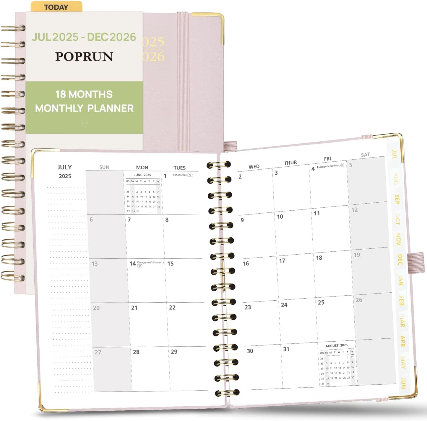POPRUN Monthly Planner 2025-2026 Spiral Hardcover (6.25'' x 8.5''), 18 Months Calendar (Jul.2025 - Dec.2026)- 2 Pages per Month with Dotted Note Pages, Sunday Start, Laminated Tab - Light Pink