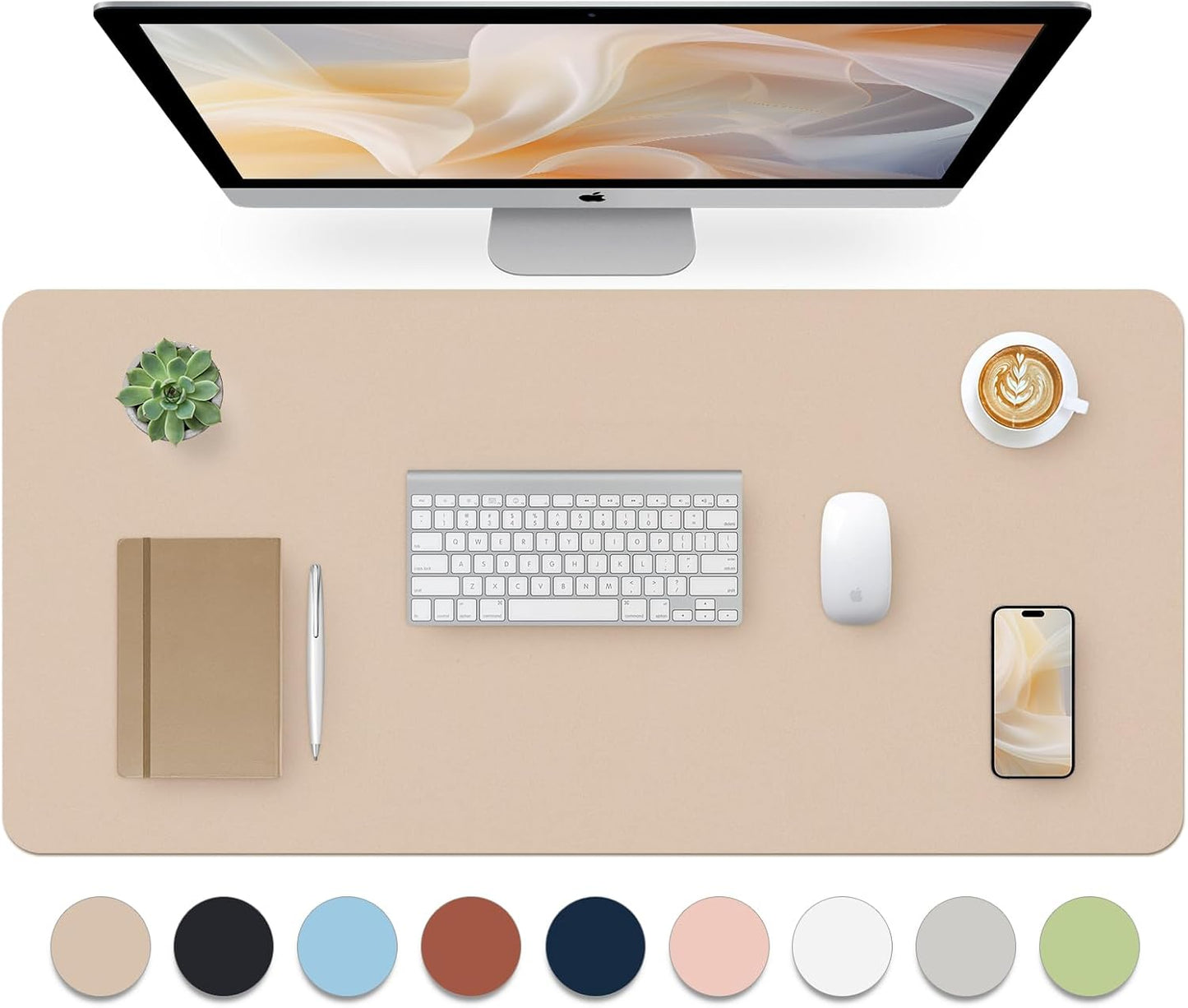 Leather Desk Pad, Large Mouse Pad, Leather Desk Blotter, Non-Slip Desk Pad Protector, Office Desk Pad, Waterproof Desk Mat for Home Office and Decor - Beige (35.4×15.7 Inches)
