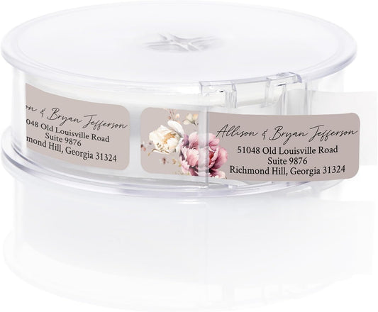 Taupe Watercolor Floral Rolled Address Labels / 250 Personalized Return Address Labels/Designer Address Stickers in Elegant Plastic Dispenser