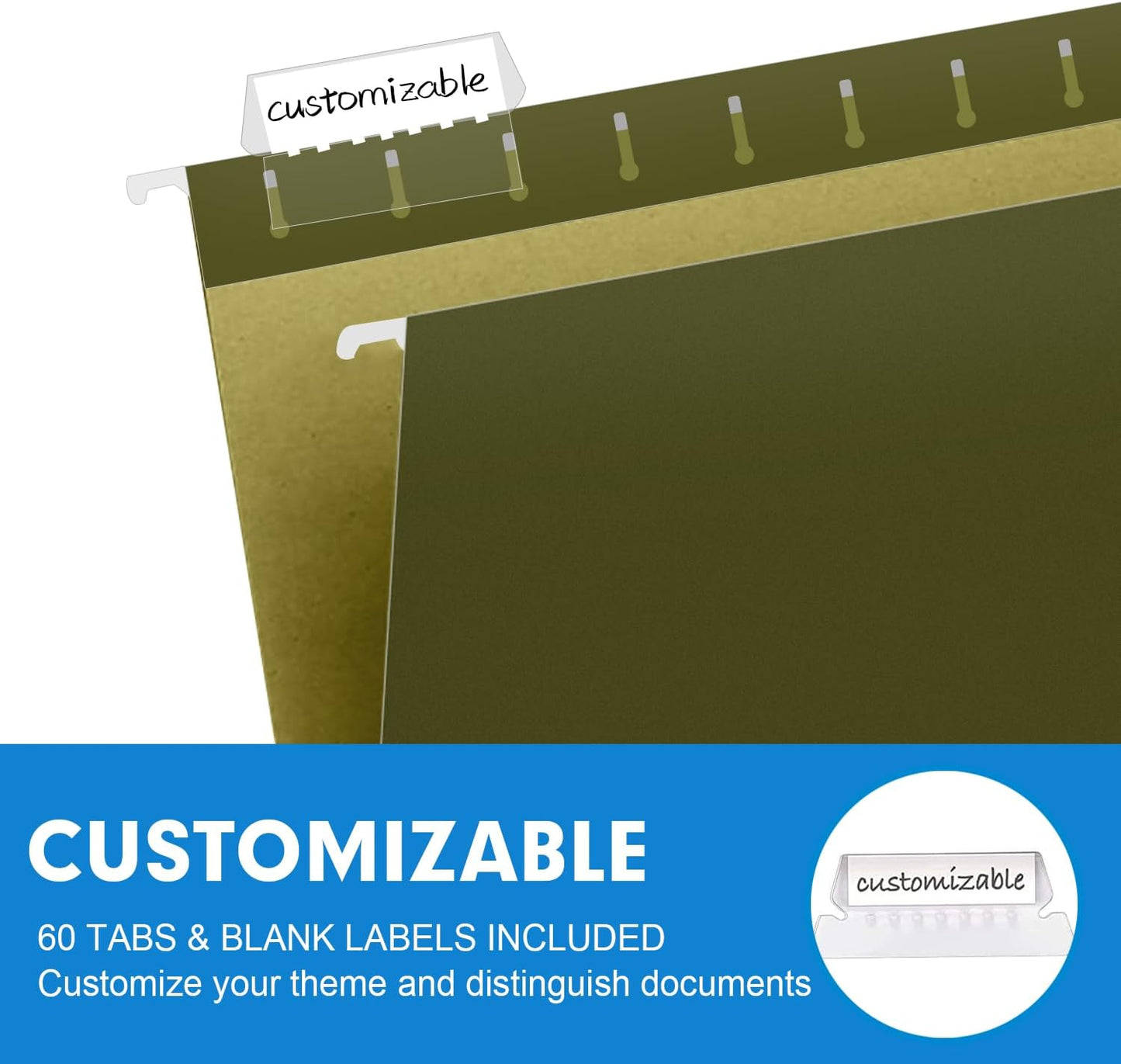 Extra Capacity Hanging File Folders, RAZCC 60 Pack Letter Size Reinforced Hanging Folders with Heavy Duty 3 Inch Expansion for Bulky Files, Filing Cabinet, Adjustable Tabs, Green