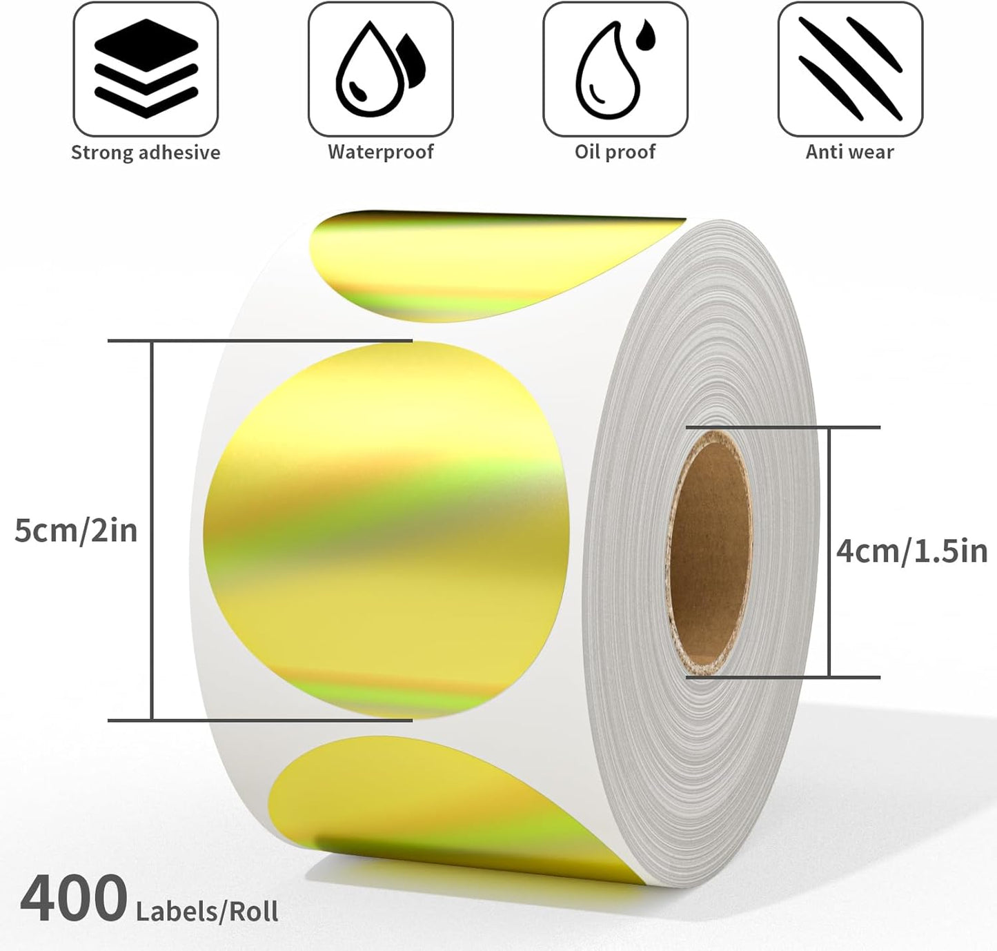 MFLABEL 2" Round Holographic Thermal Labels - 400pcs Gold Waterproof Sticker Roll for Small Business Logo, Compatible with MUNBYN/Rollo/Phomemo (Not for Dymo/Brother)