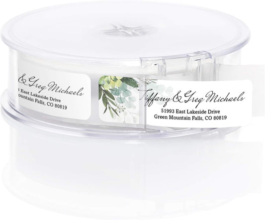 Floral Greenery Rolled Address Labels/Roll of 500 Personalized Address Labels/Designer Return Address Stickers in Elegant Plastic Dispenser