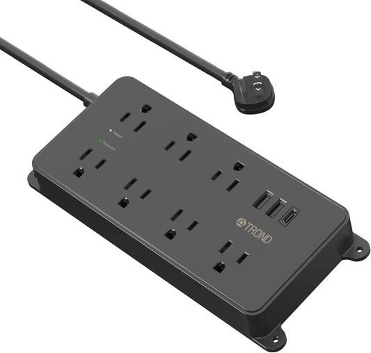 TROND Power Strip Surge Protector, 7 Widely-Spaced Outlets, 2 USB-A & 1 USB-C, ETL Listed, Flat Plug 5ft Extension Cord, Wall Mountable, 1700J, 14AWG Heavy Duty, for Home Office Garage, Black