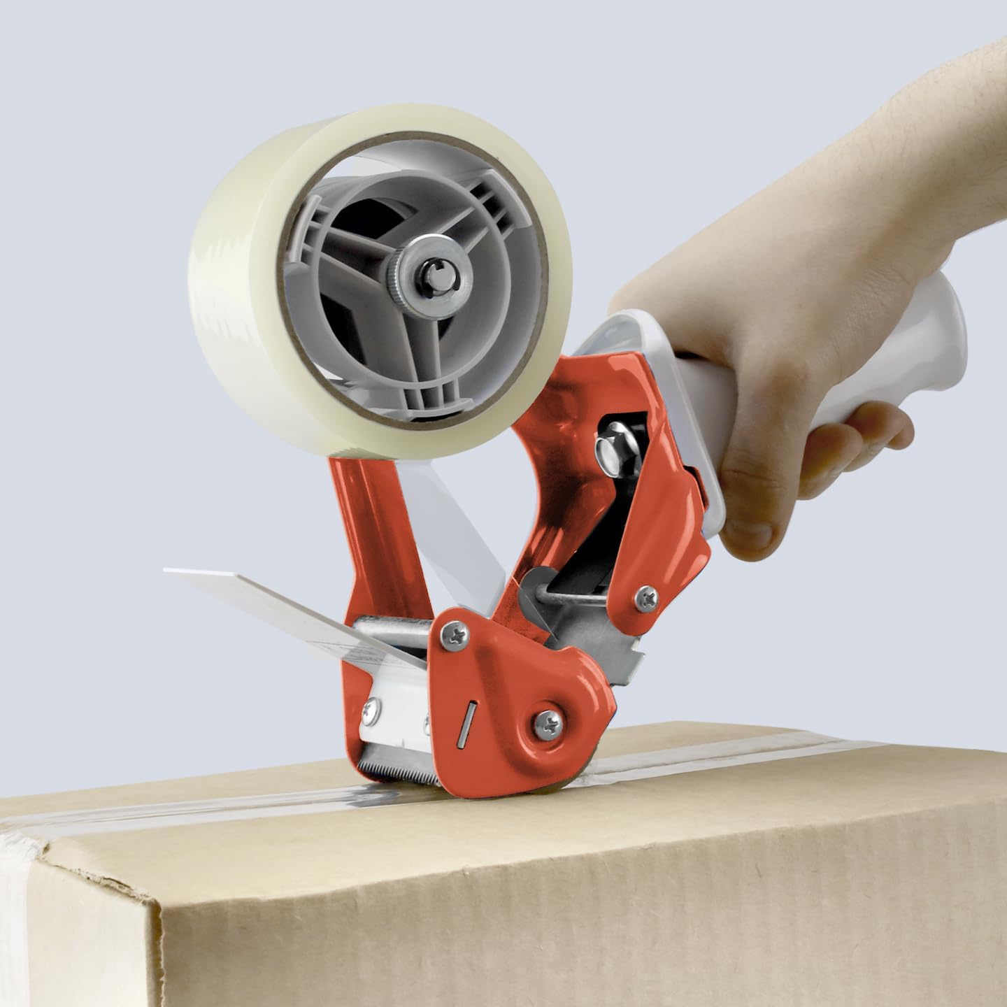 Heavy Duty Metal Frame Orange Packing Tape Dispenser 3 Inch Core with Special Ergonomic Handle, Tape Gun for Packing Boxes with Premium Tempered Steel Blade - for 2 inch Wide Roll