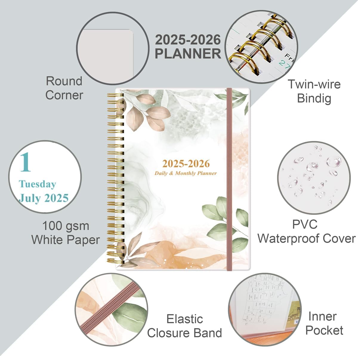 2025-2026 Daily & Monthly Planner - One Page Per Day, Daily Planner 2025-2026 from July 2025 to June 2026, Planner 25-26 with 12 Monthly Tabs, 6.4" x 8.5", Rose Leaf