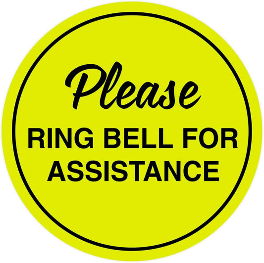 Signs ByLITA Circle Please Ring Bell For Assistance Wall or Door Sign | Easy Installation | Front Desk Reception Sign (Yellow/Black) - Small (10 Pack)