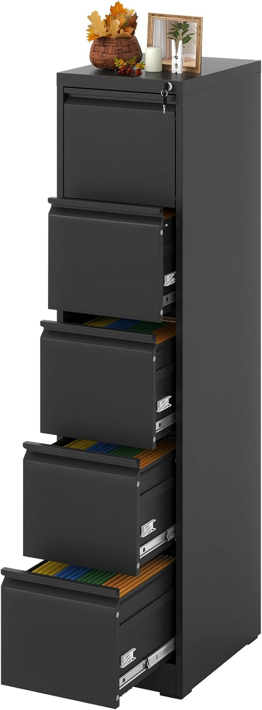5 Drawer File Cabinet with Lock, Vertical Filing Cabinets for Home Office, Locking File Cabinet Hanging Files for A4/ Legal/Letter, Require Assembly, Black