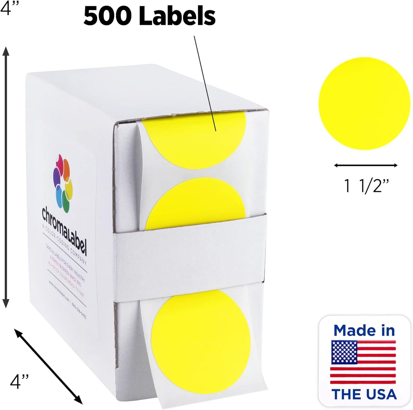 ChromaLabel 1.50 Inch Round Label Permanent Color Code Dot Stickers, 500 Labels per Dispenser Box, Yellow