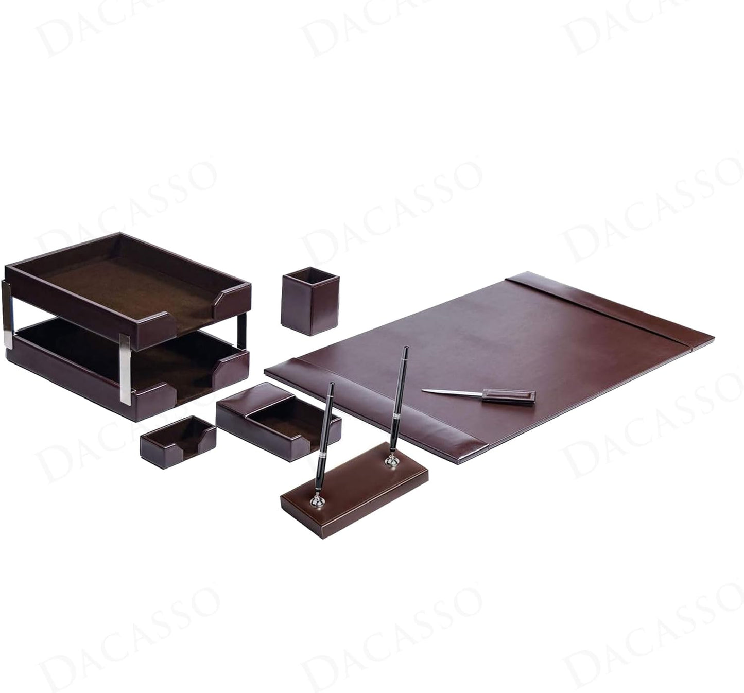 Dacasso Dark Brown Bonded Leather Luxury 9-Piece Desk Set - Blotter Pad & Desk Organization Essentials - Executive Decor and Surface Protector