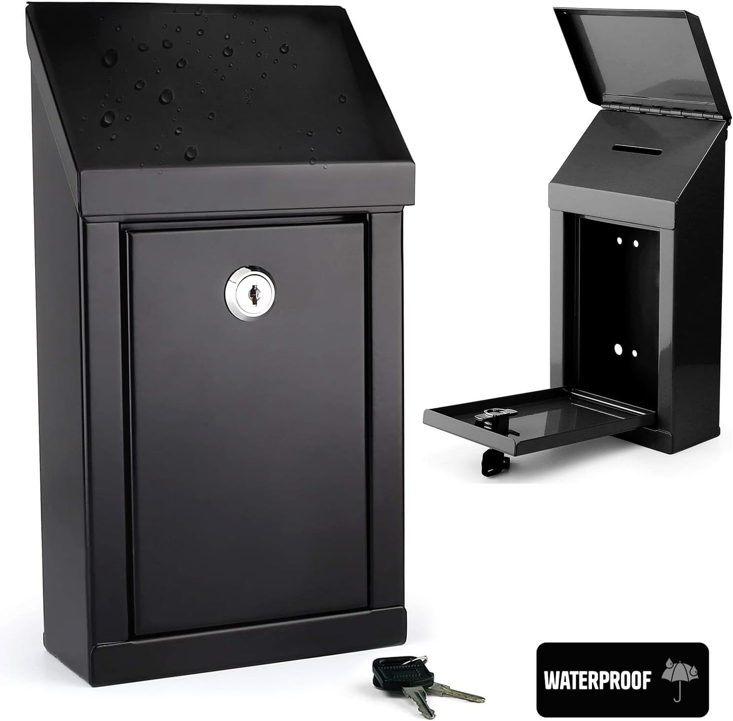 Metal Donation Box-Suggestion Box with Slot and lock-Cash Lock box for Money-Waterproof Drop Box-Comment and ballot voting box-comes with pre-drilled holes for easy wall mounting 10x6x2.5"(Black)