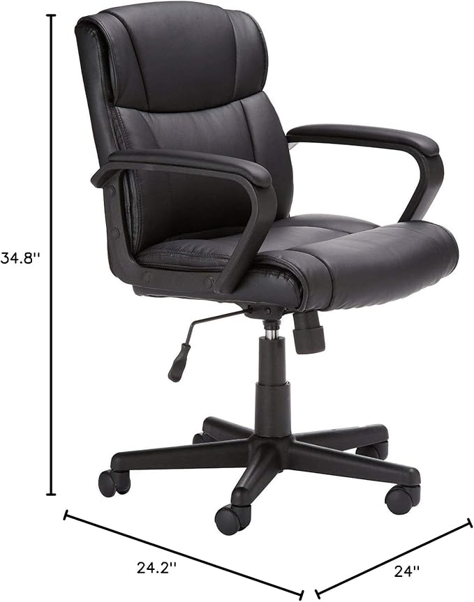 Amazon Basics Office Computer Task Desk Chair with Padded Armrests, Mid-Back, Adjustable, 360 Swivel, Rolling, 275 Pound Capacity, 24.2"D x 24"W x 34.8"H, Black Faux Leather