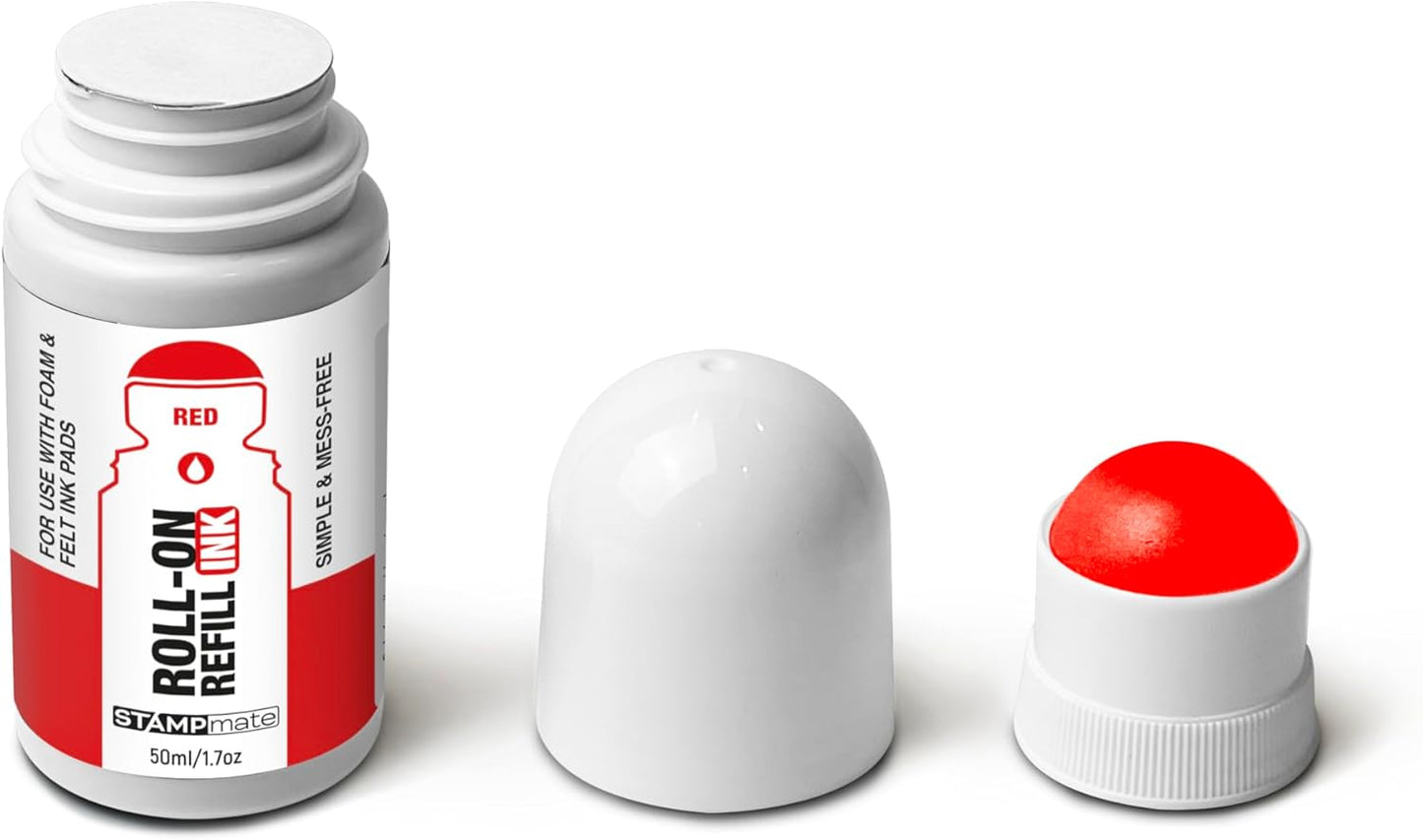 Roll-On Stamp Pad Ink Refill 50ml/1.7oz – Self Inking, Foam & Felt Pads – Easy-Use Roller Ball Applicator (RED)