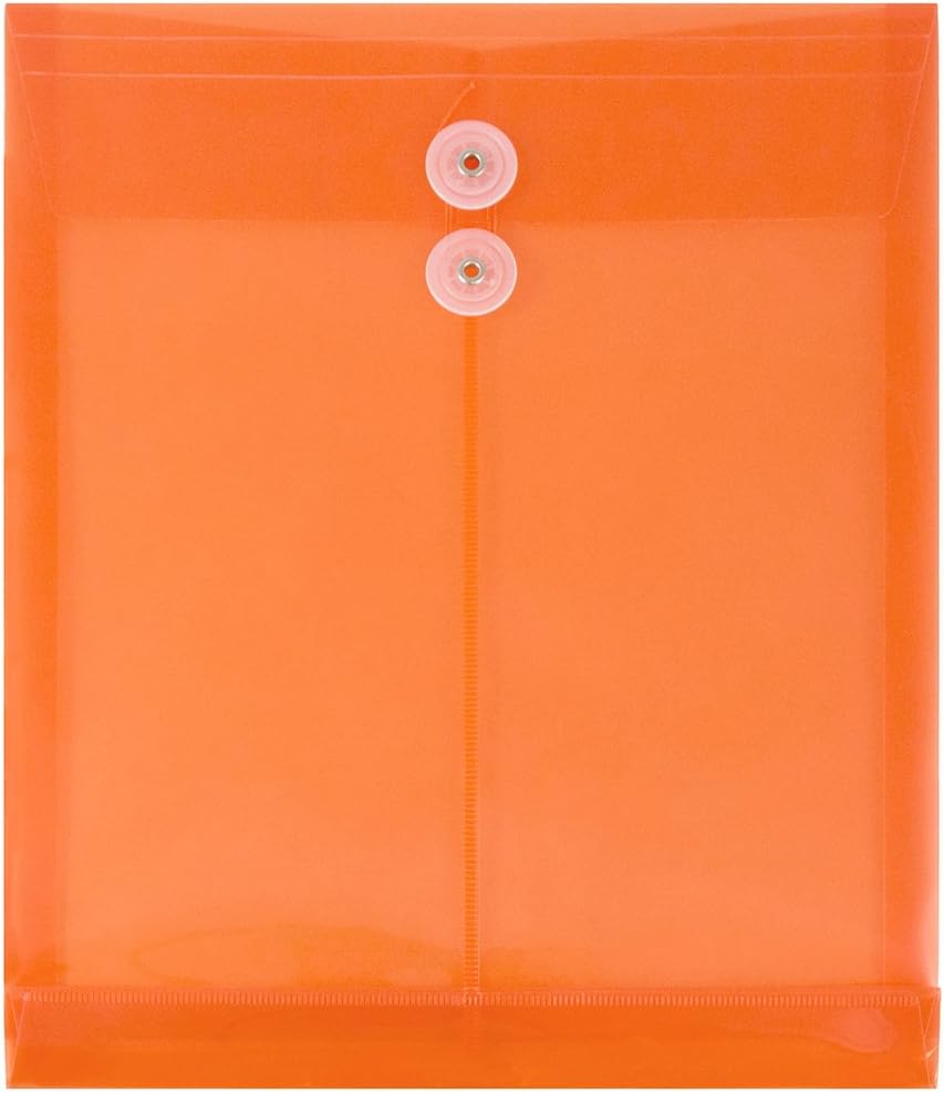 JAM PAPER Plastic Envelopes with Button & String Tie Closure - Letter Open End - 9 3/4 x 11 3/4 - Bright Orange - 12/Pack