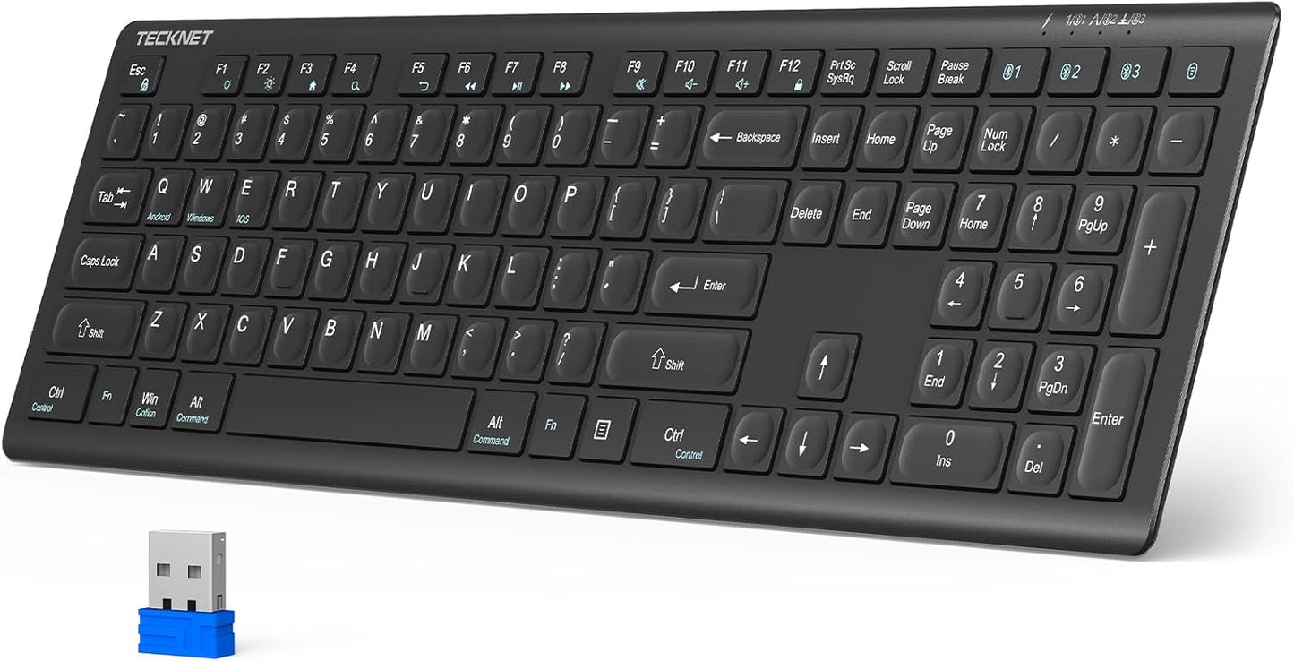 TECKNET Bluetooth Keyboard Rechargeable, 4-Device (2.4G+BT) Wireless Keyboard, Full Size Computer Keyboard with Stand, Ultra-Slim Quiet Typing, for PC/Laptop/Smart TV/Phone/Tablet, 12 Hotkeys