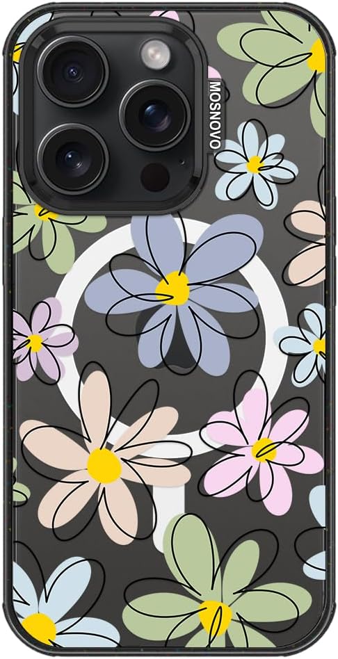 MOSNOVO Magnetic Case for iPhone 15 Pro, 10ft Military-Grade Protection, Compatible with Magsafe, Shockproof Phone Case for iPhone 15 Pro - Linear Blooms - Clear Black